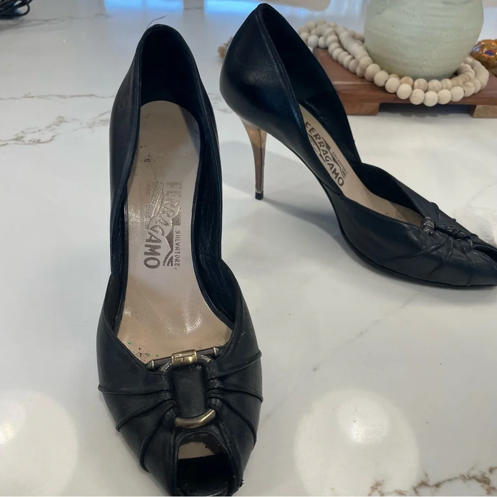 SALVATORE FERRAGAMO Black Peep Toe Heels! - Picture 1 of 10